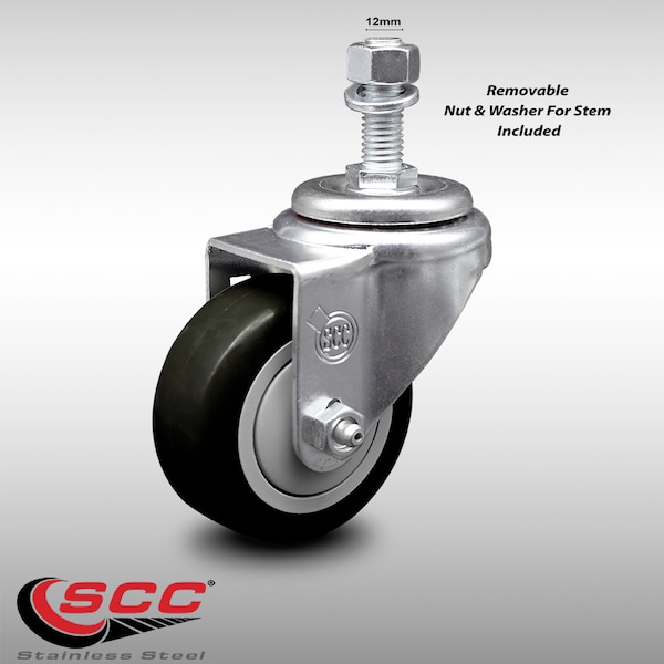3 Inch SS Black Polyurethane Wheel Swivel 12mm Threaded Stem Caster SCC